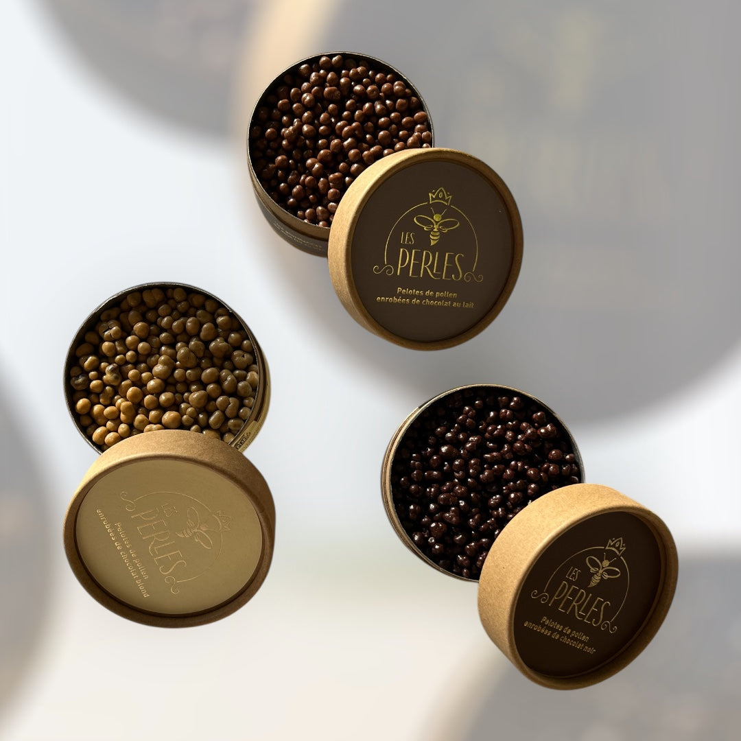 Perles de pollen enrobées de chocolat noir